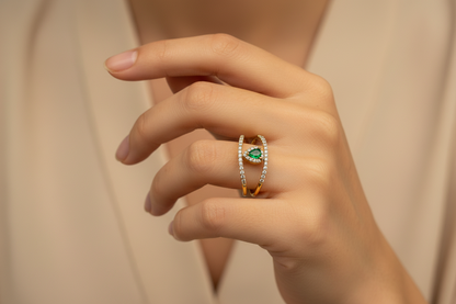 Emerald Marquise Crystal Adjustable Ring - Gold
