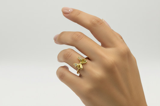 Crystal Bow Adjustable Ring - Gold Pavé