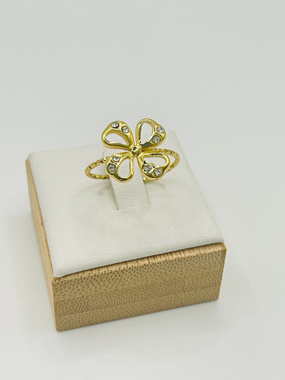 Crystal Flower Adjustable Ring - Gold Beaded Band