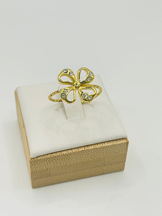 Crystal Flower Adjustable Ring - Gold Beaded Band
