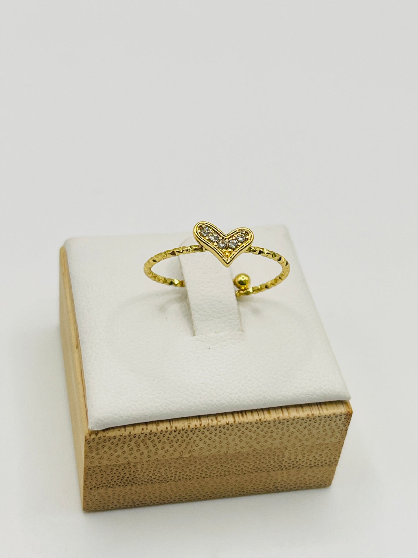 Pavé Heart Adjustable Ring - Gold Beaded Band