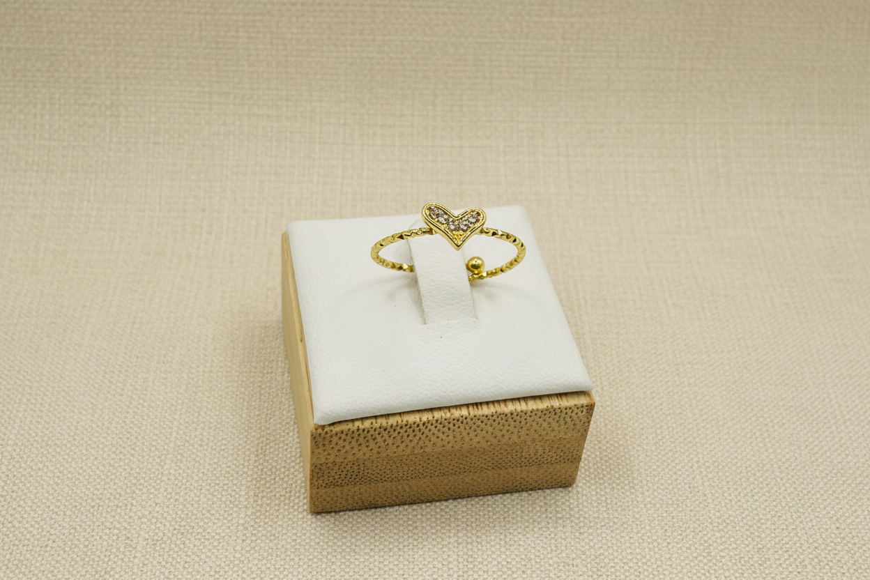 Pavé Heart Adjustable Ring - Gold Beaded Band
