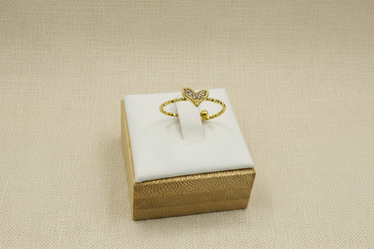 Pavé Heart Adjustable Ring - Gold Beaded Band