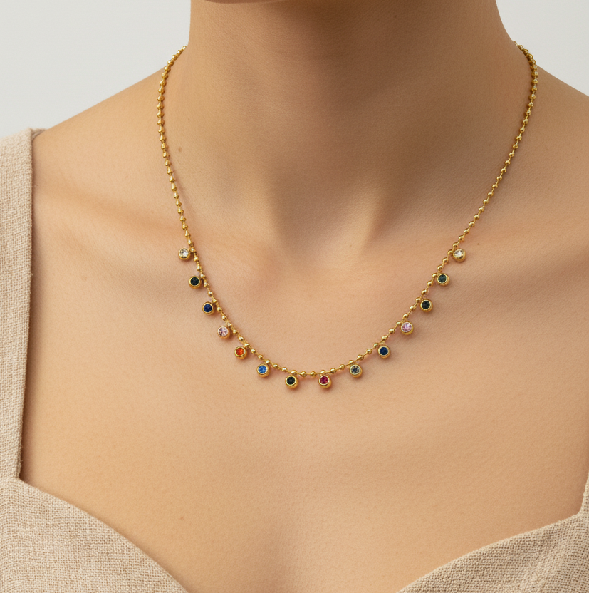 Multicolor Stone Gold Chain Necklace