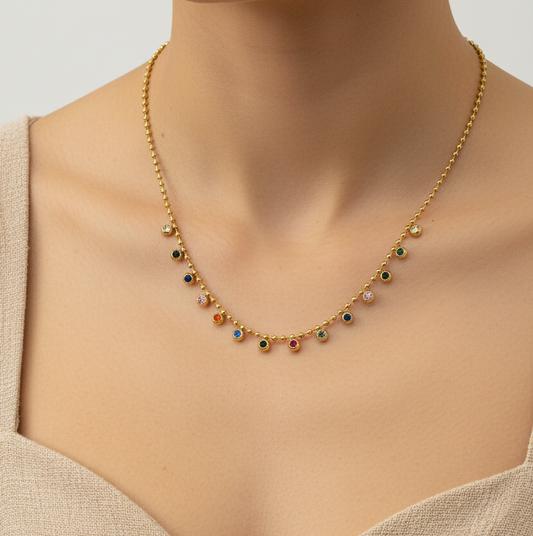 Multicolor Stone Gold Chain Necklace