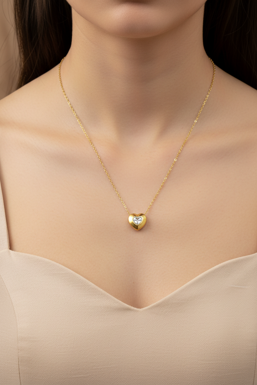 Gold Heart Crystal Pendant Necklace