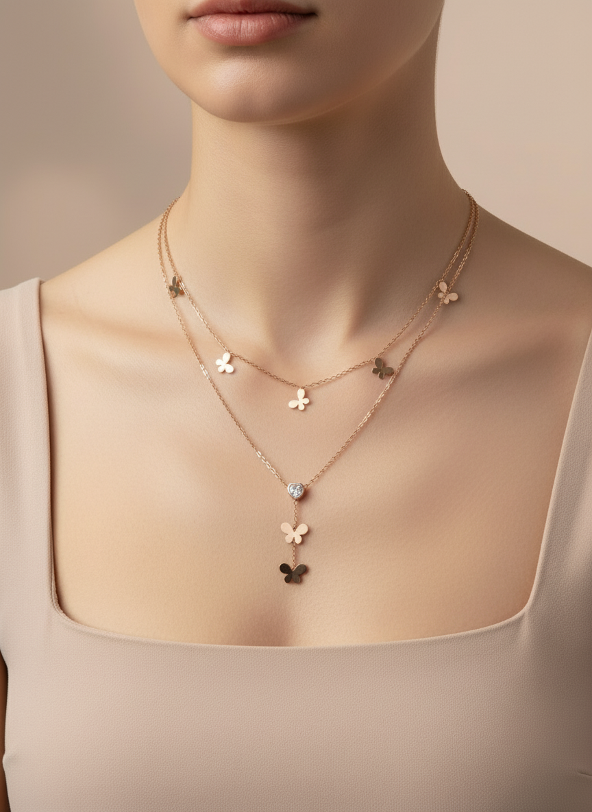 Rose Necklace with floral pendants on a neutral background