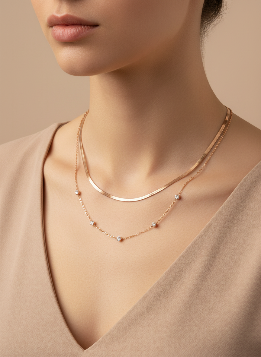 Close-up of a woman wearing a delicate rose gold necklace with small beads on a beige background