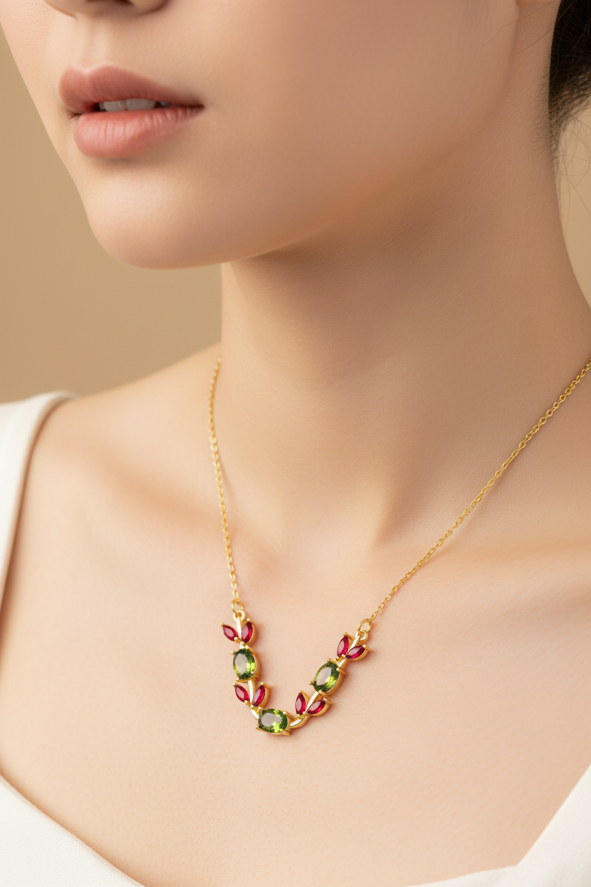 Tulip Necklace Red and Green Stone