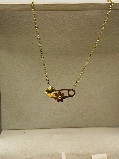 Heart & Daisy Safety Pin Necklace