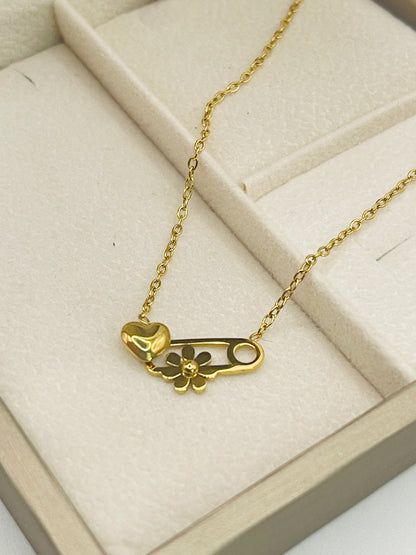 Heart & Daisy Safety Pin Necklace