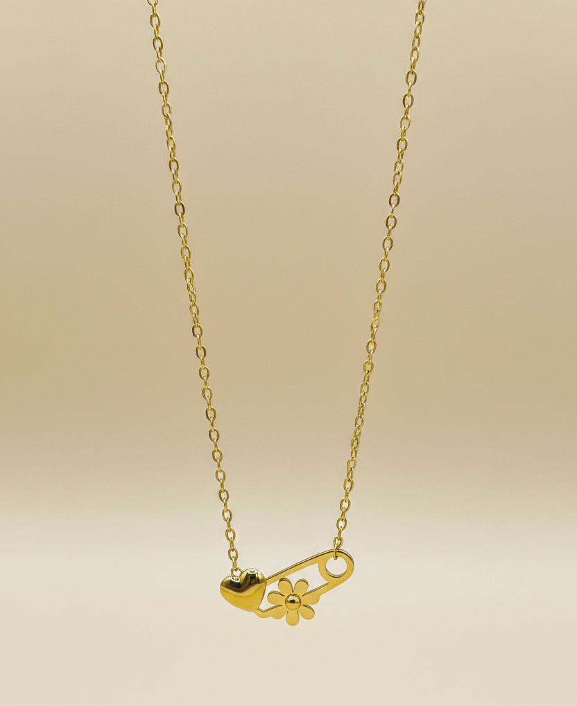 Heart & Daisy Safety Pin Necklace