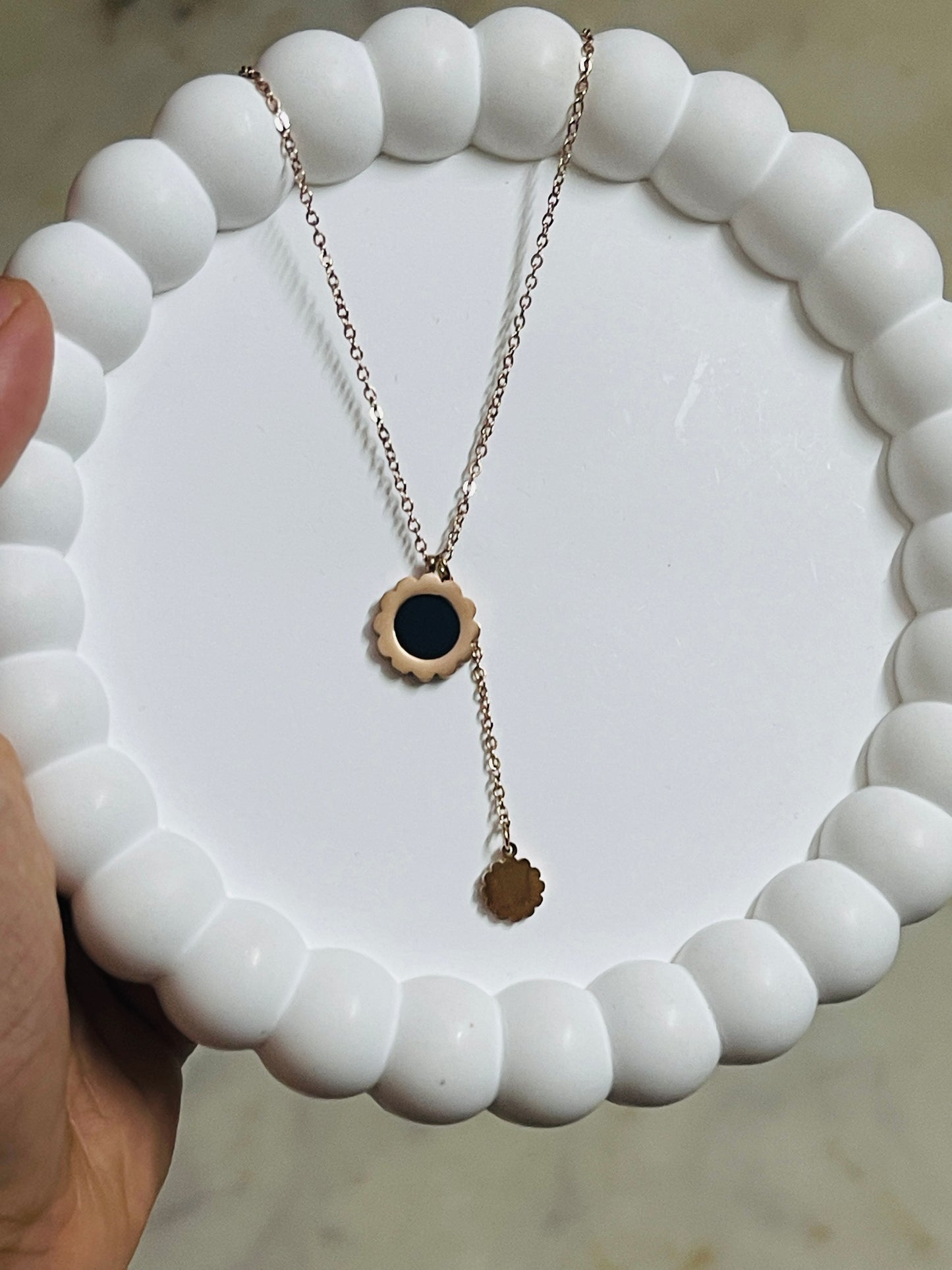 Black Enamel Flower Lariat Necklace