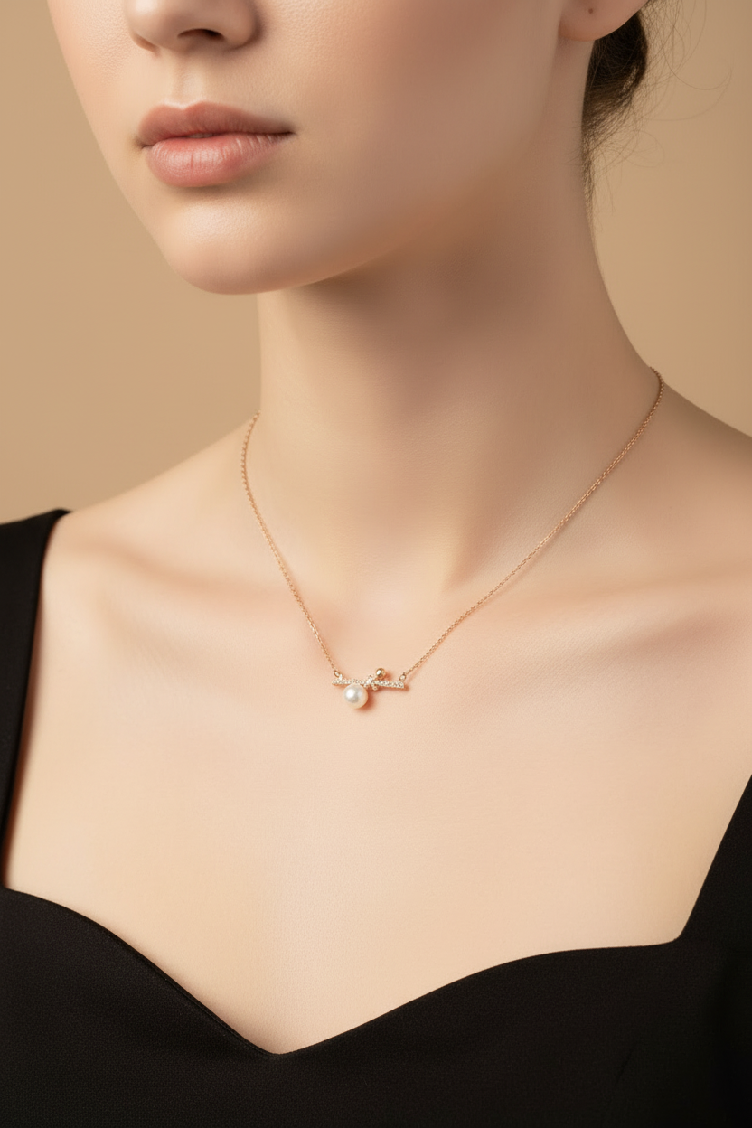 Pearl & Crystal Cross Bar Necklace