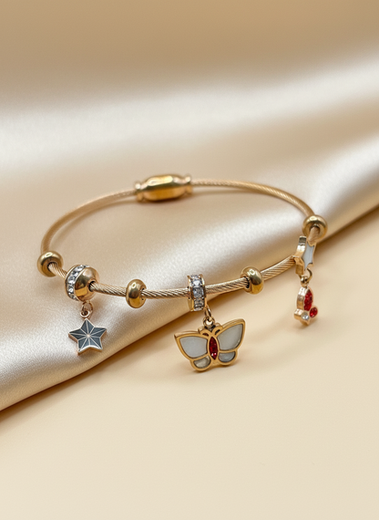 Bracelet with Butterfly & Star Charms-Rose Gold