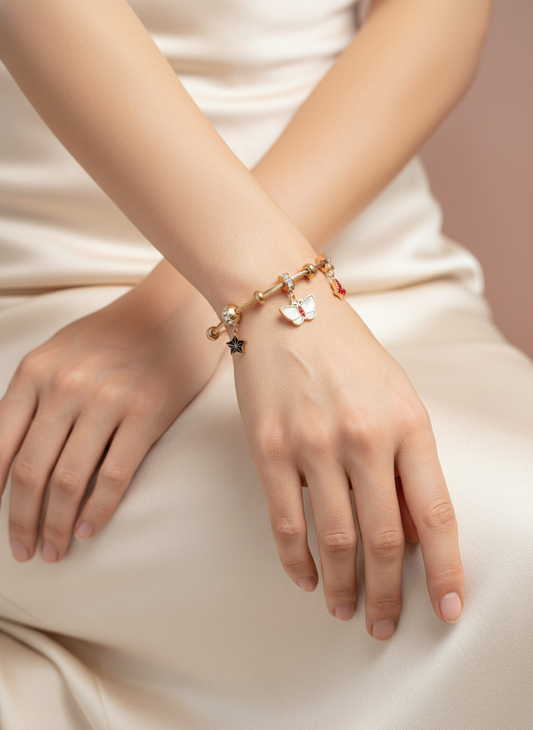 Bracelet with Butterfly & Star Charms-Rose Gold