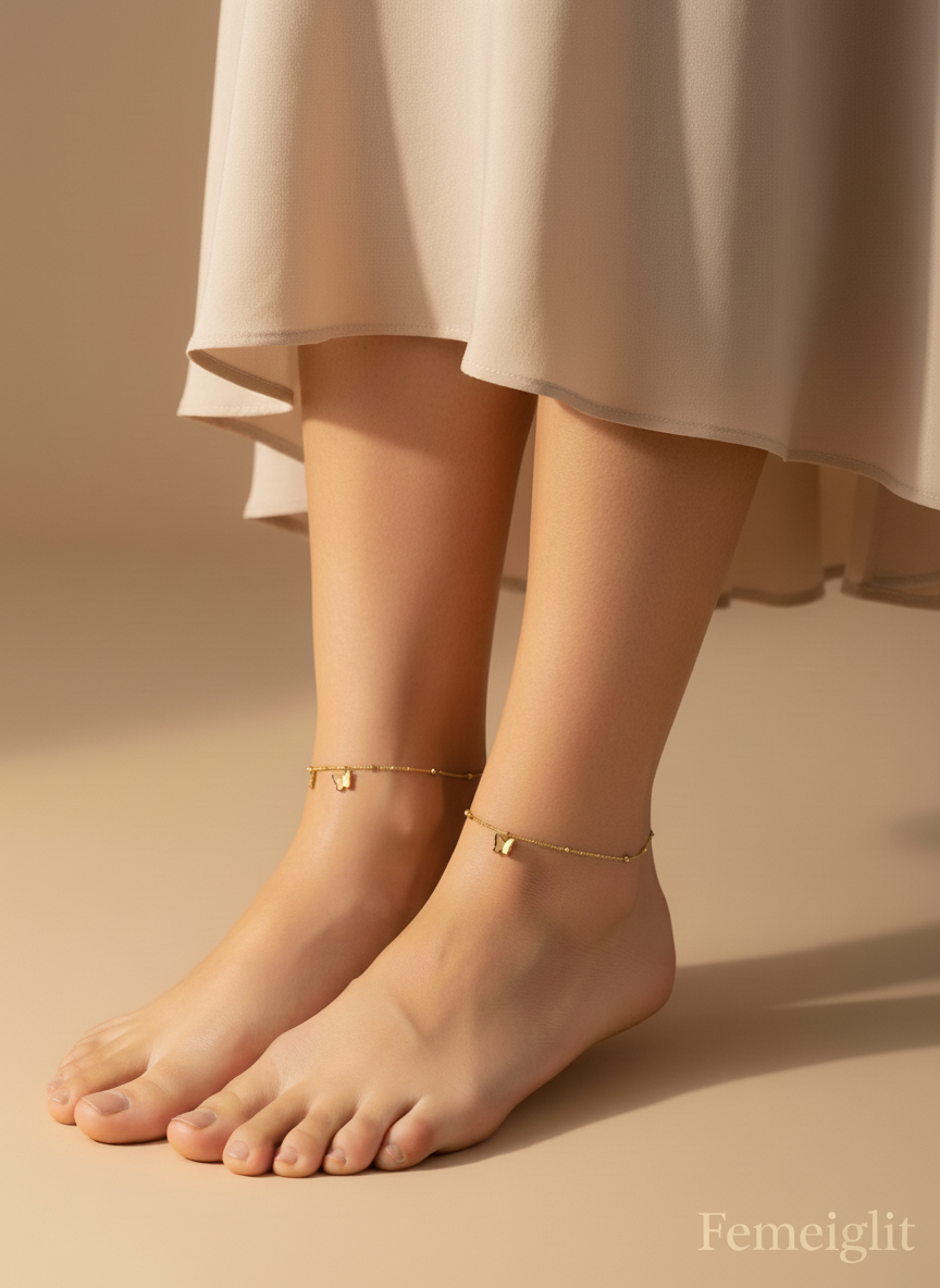 Gold anklets on feet with a beige skirt and background