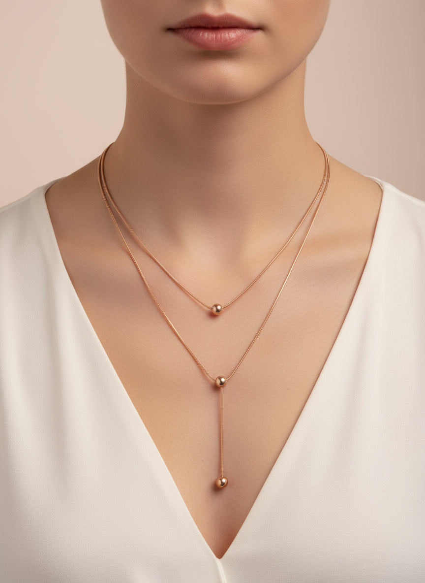 Rose gold necklace on a mannequin bust with a neutral background
