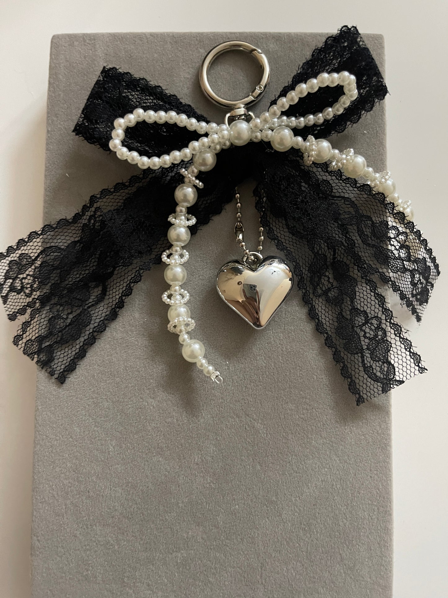 Black Lace & Pearl Heart Bag Charm