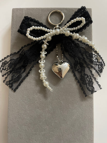 Black Lace & Pearl Heart Bag Charm