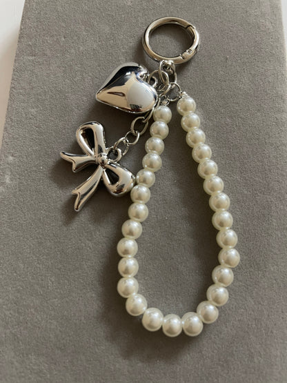 Silver Heart & Bow Pearl  Bag Charm