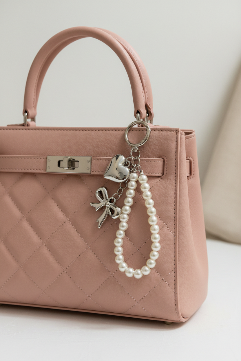 Silver Heart & Bow Pearl  Bag Charm