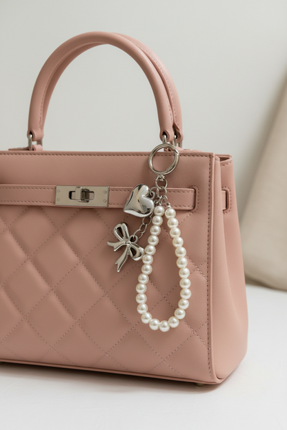Silver Heart & Bow Pearl  Bag Charm