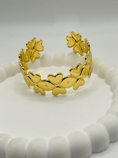 Gold Four-Leaf Clover Cuff Bangle