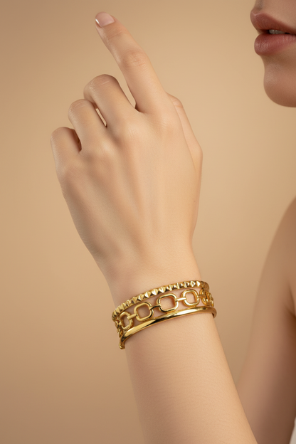Gold Triple Layer Chain Link Cuff Bangle – Adjustable
