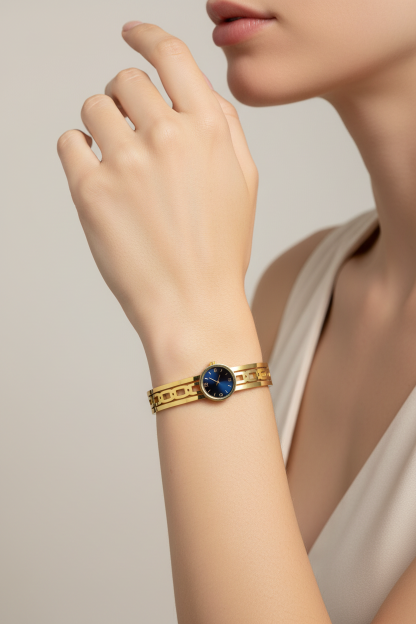 Gold Round Dial Watch Style Bangle