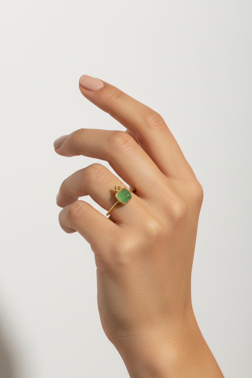 Emerald Cushion Ring on Model Hand - Corrected