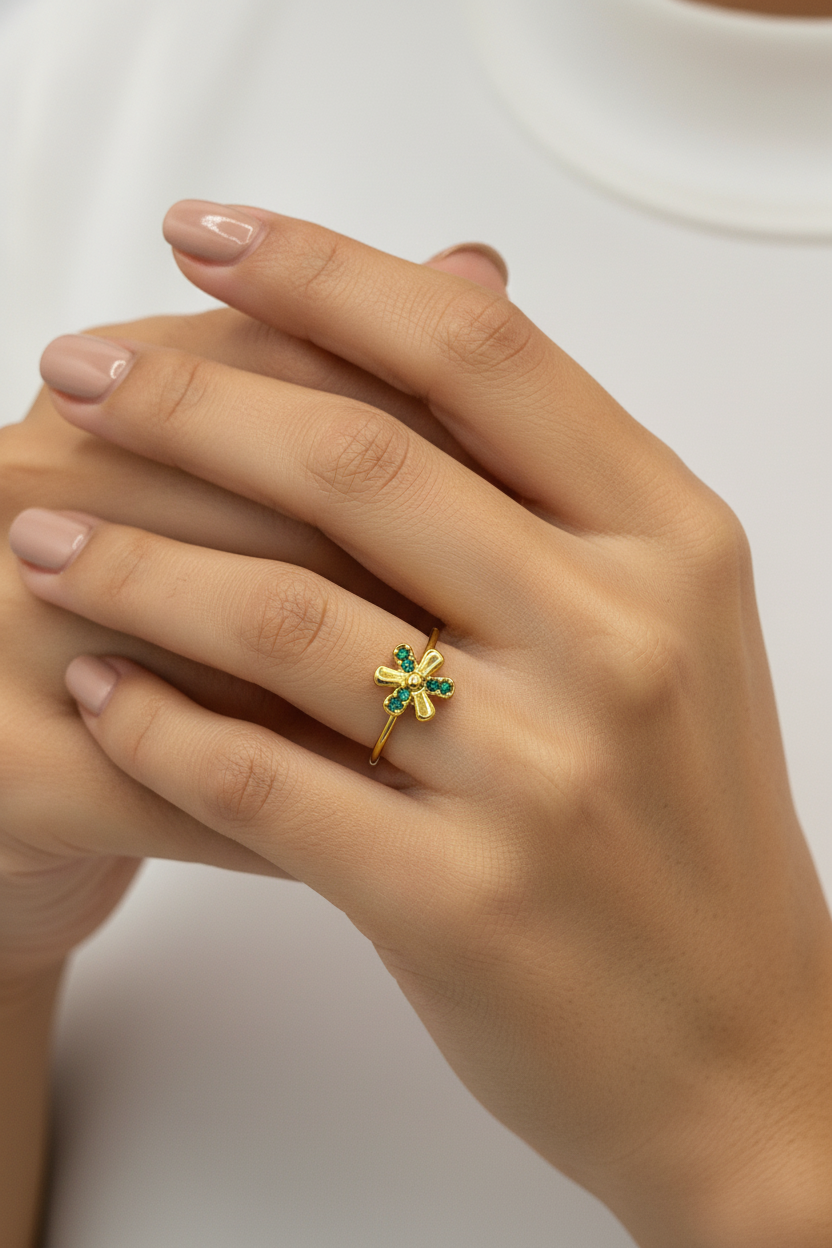 Emerald Flower Ring on Model Hand