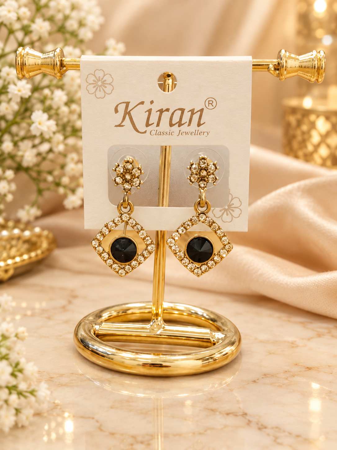 Black Centre Square Drop Earrings