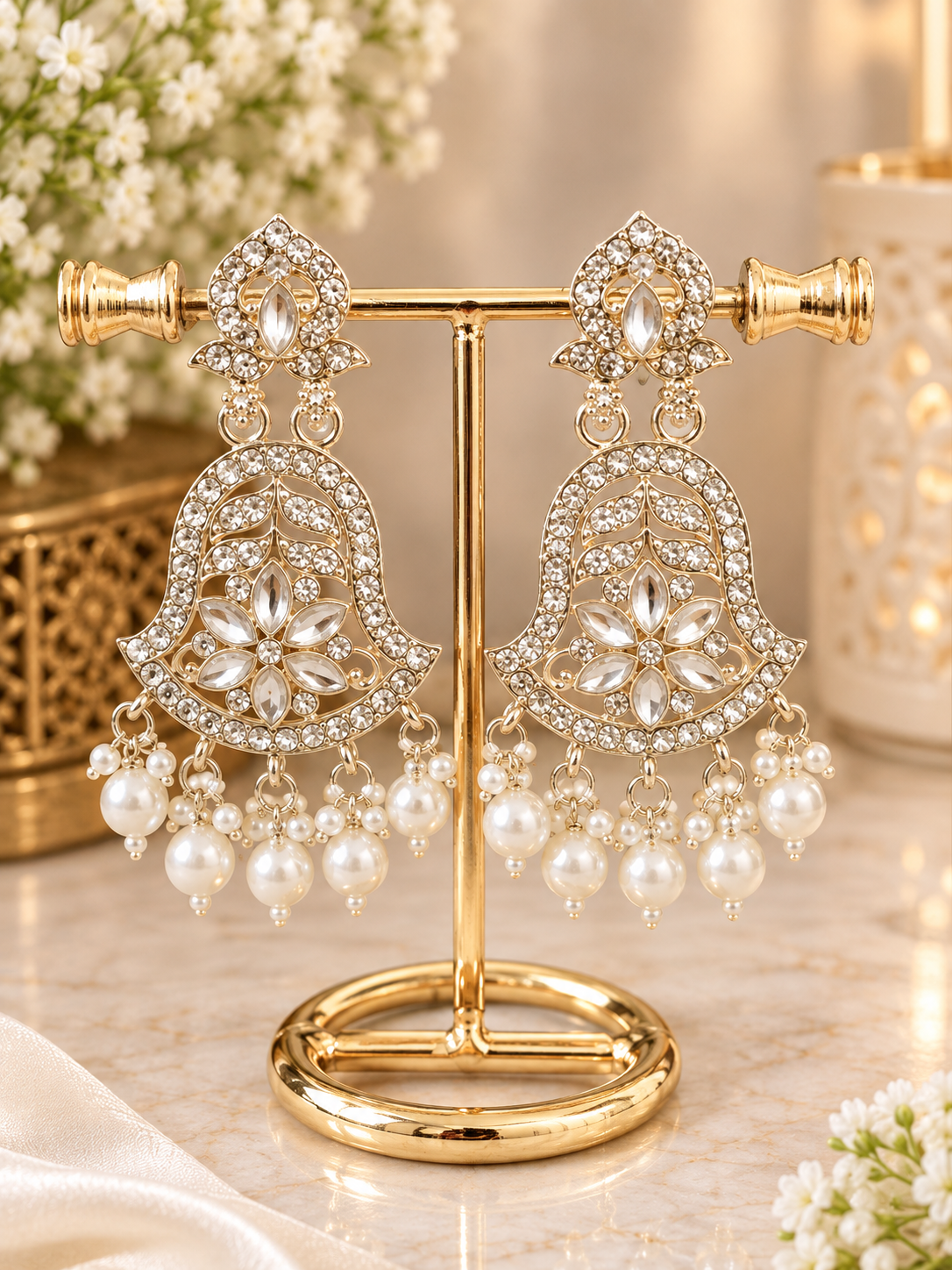 White Pearl Chandbali Drop Earrings