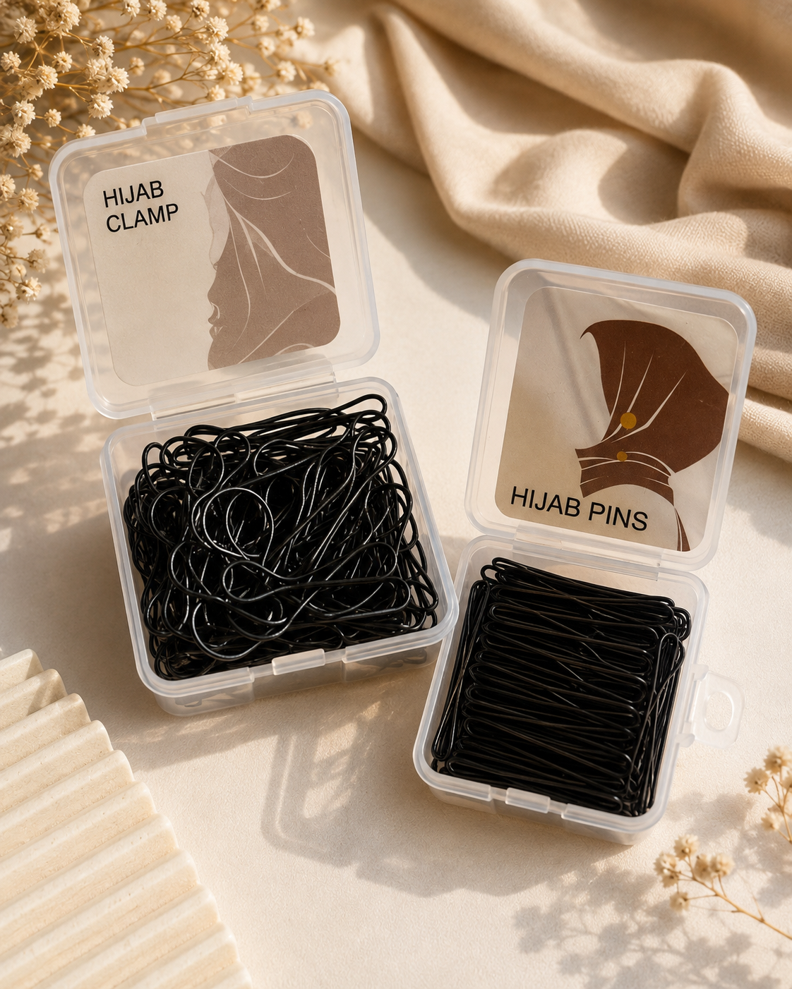 Two clear plastic storage containers holding black hijab accessories, one labeled 'HIJAB CLAMP' and the other 'HIJAB PINS,' arranged on a beige fabric surface with dried flowers and soft shadows.