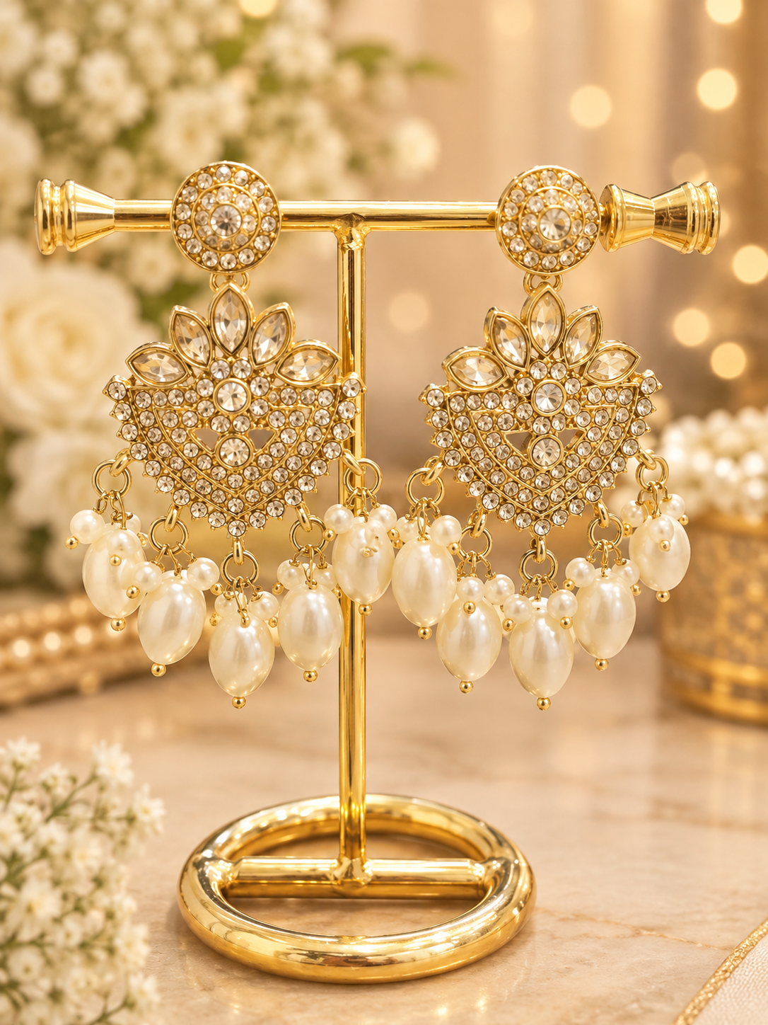 Gold Floral Pearl Drop Earrings
