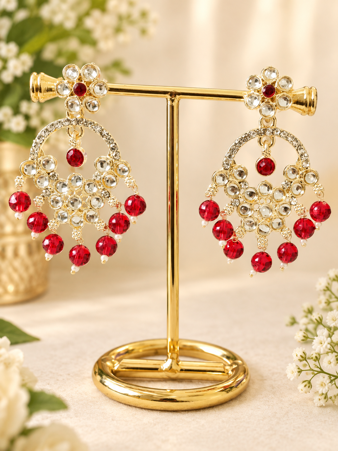Red Floral Chandelier Earrings