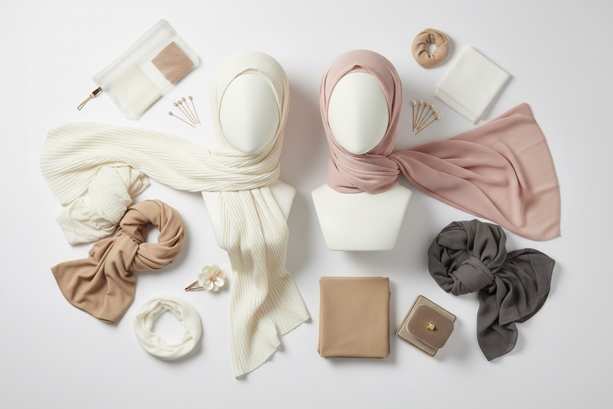 Hijab & Accessories Flat Lay with Mannequin