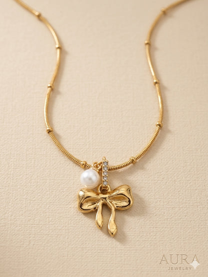 Pearl Bow Charm Necklace