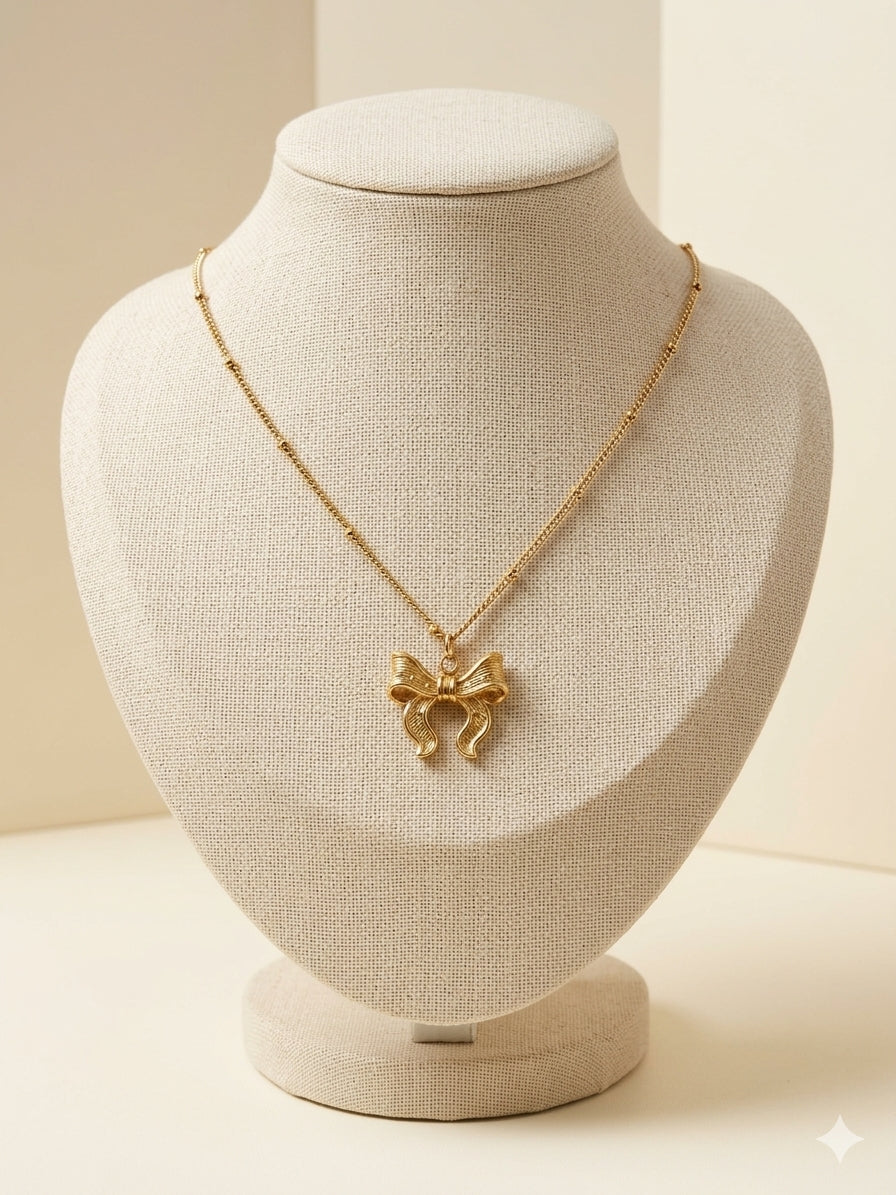 Ribbon Bow Beaded Chain Necklace