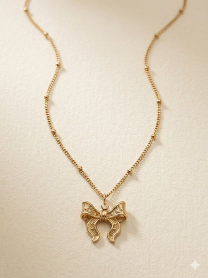 Ribbon Bow Beaded Chain Necklace