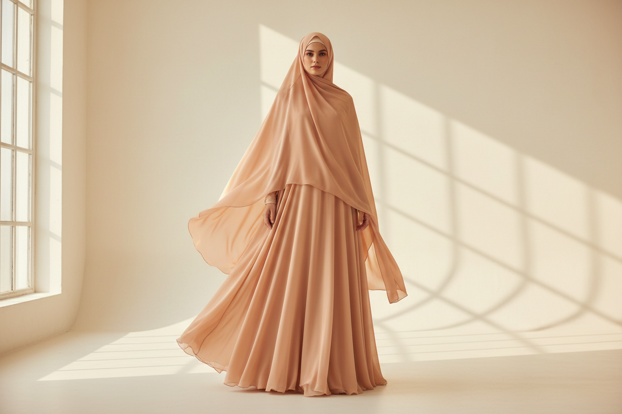 Model wearing Zera Exclusive Peach Hijab