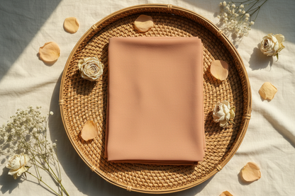 Zera Exclusive Peach Hijab – styled flat lay on rattan tray