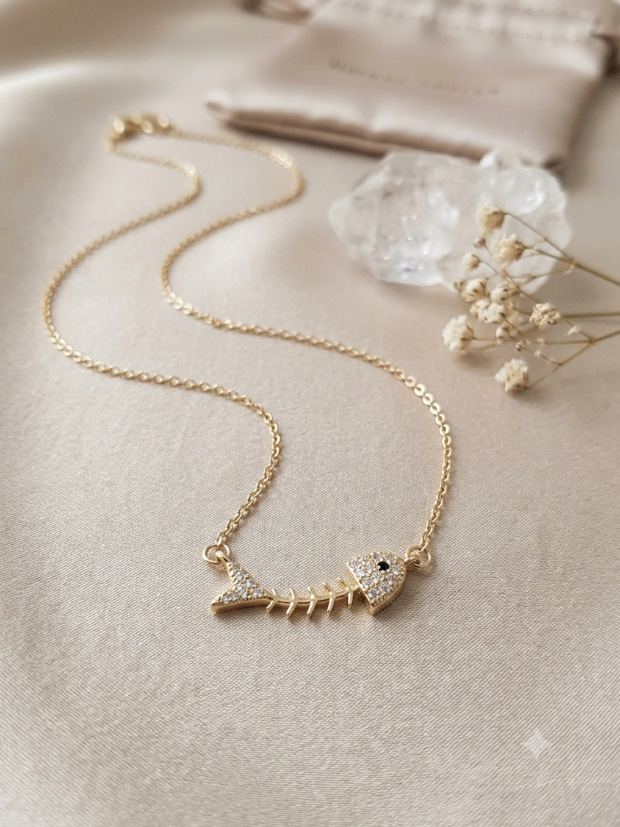 Crystal Fish Bone Necklace