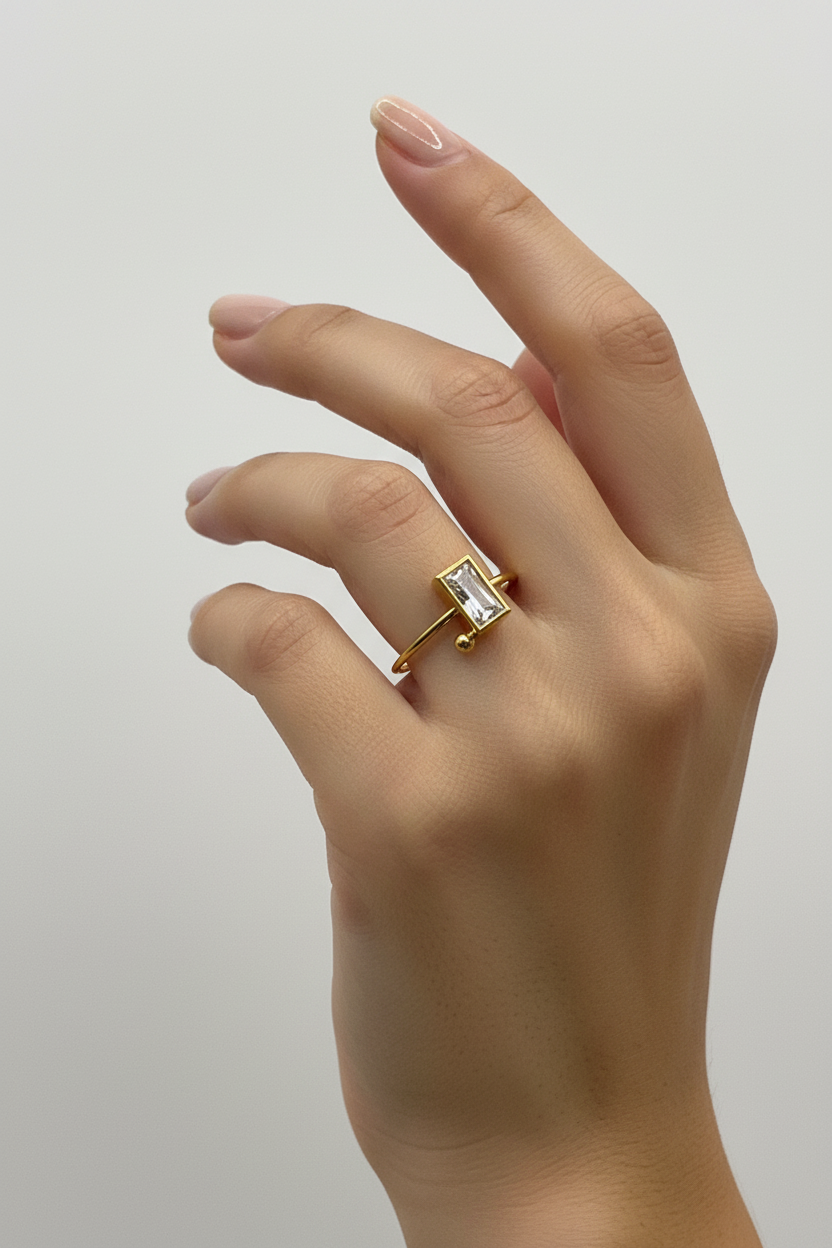 White Baguette Crystal Ring on Model Hand